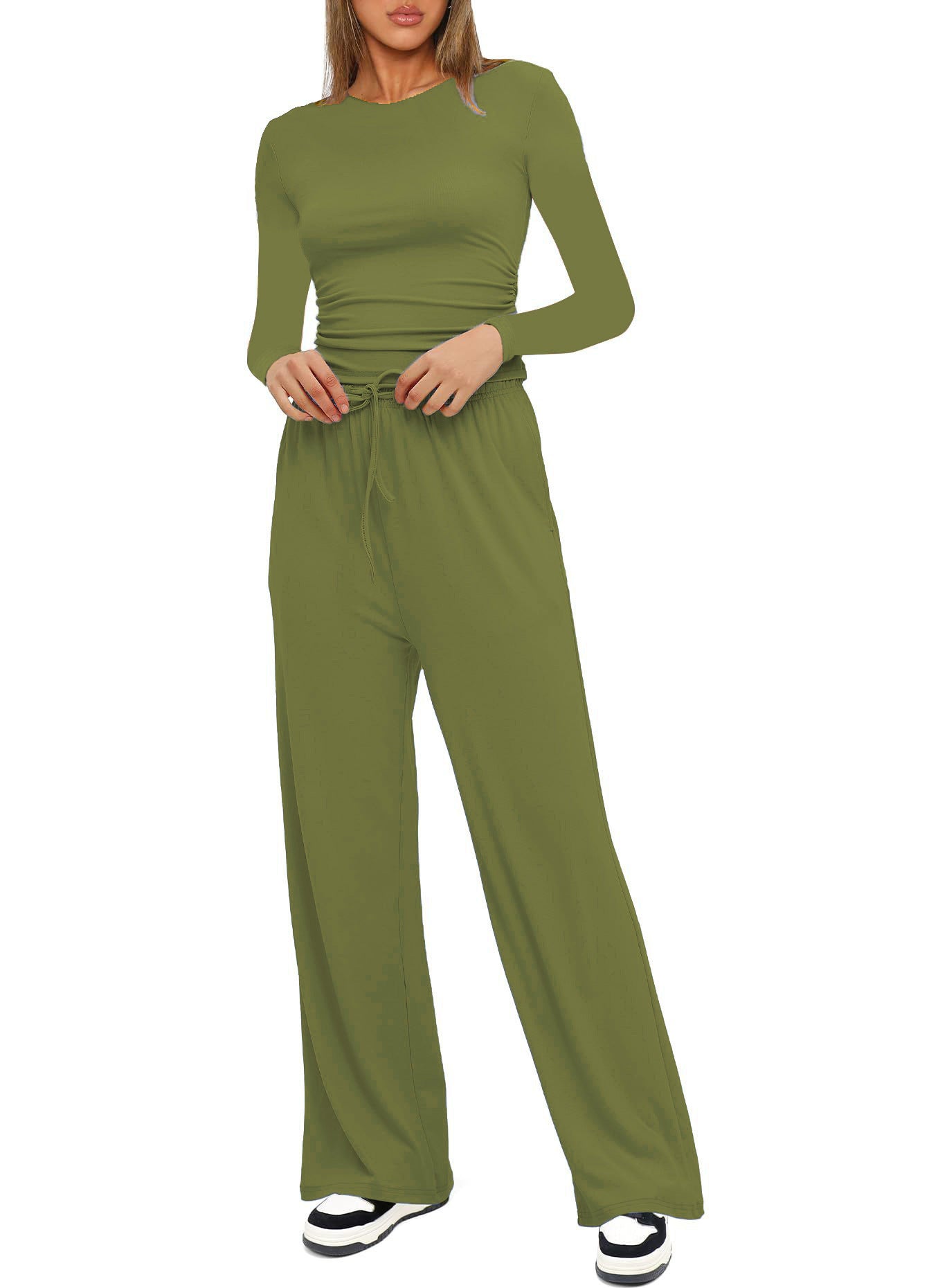Women's Pleated Lounge Set โ Long Sleeve Top & Wide Leg Pants
