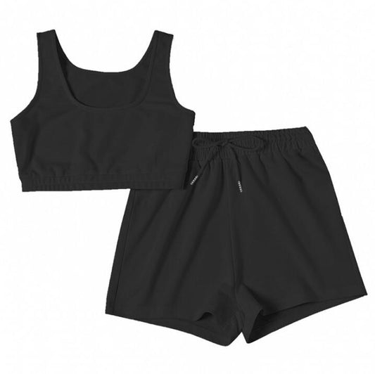 Women’s Casual Two‑Piece Sportswear Set – Crop Top & Drawstring Shorts