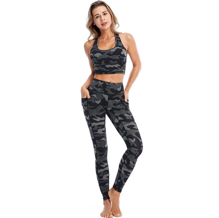 Women’s Camouflage Sports Suit – Polyester Fitness Workout Set, Summer Activewear