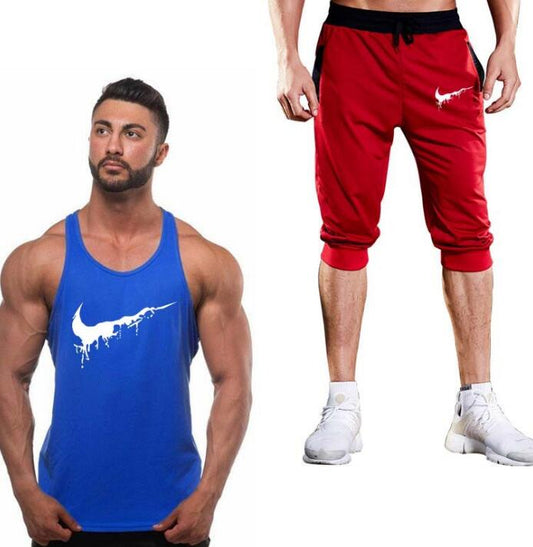 Men’s Cotton Fitness Vest & Shorts Set – Sleeveless Bodybuilding Tracksuit