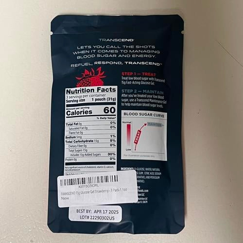 Transcend 15g Glucose Gel - Strawberry 1 pack of 3 squeeze packs