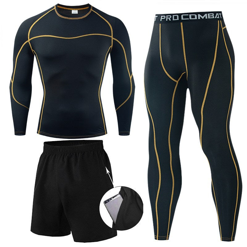 Men’s 3-Piece Compression Training Set – Long Sleeve Top, Shorts & Leggings