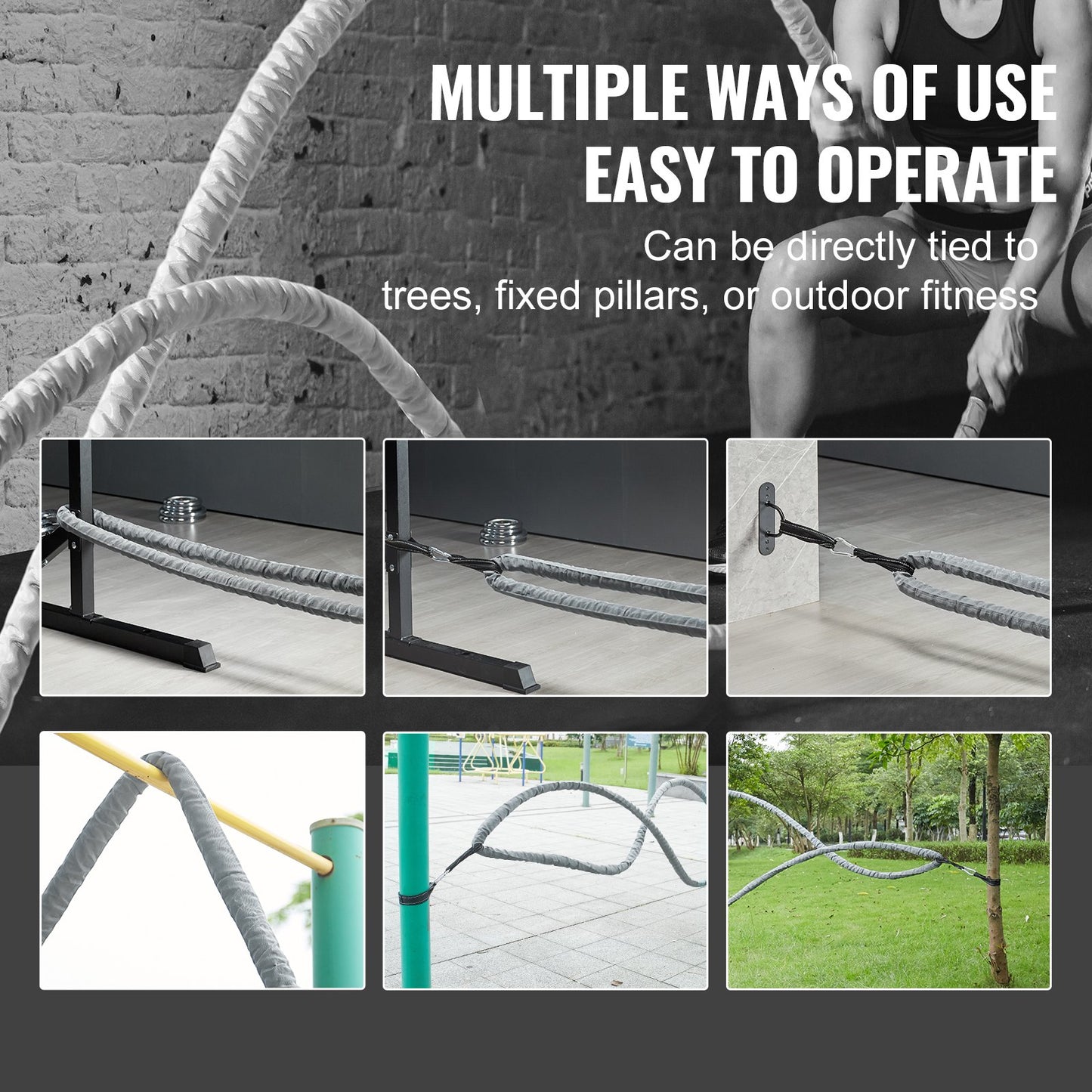 30ft Heavy-Duty Polyester Battle Rope with Anchor Kit – Gray