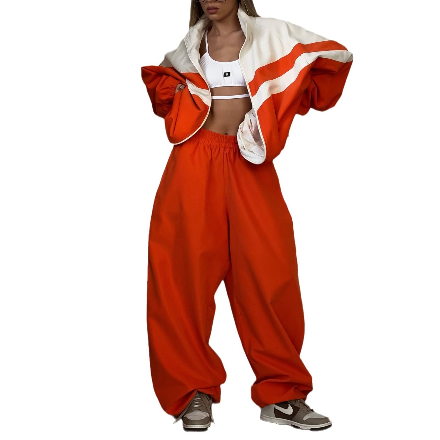 Women’s Athletic Set – Spring/Autumn Striped Tracksuit with Contrast Colors