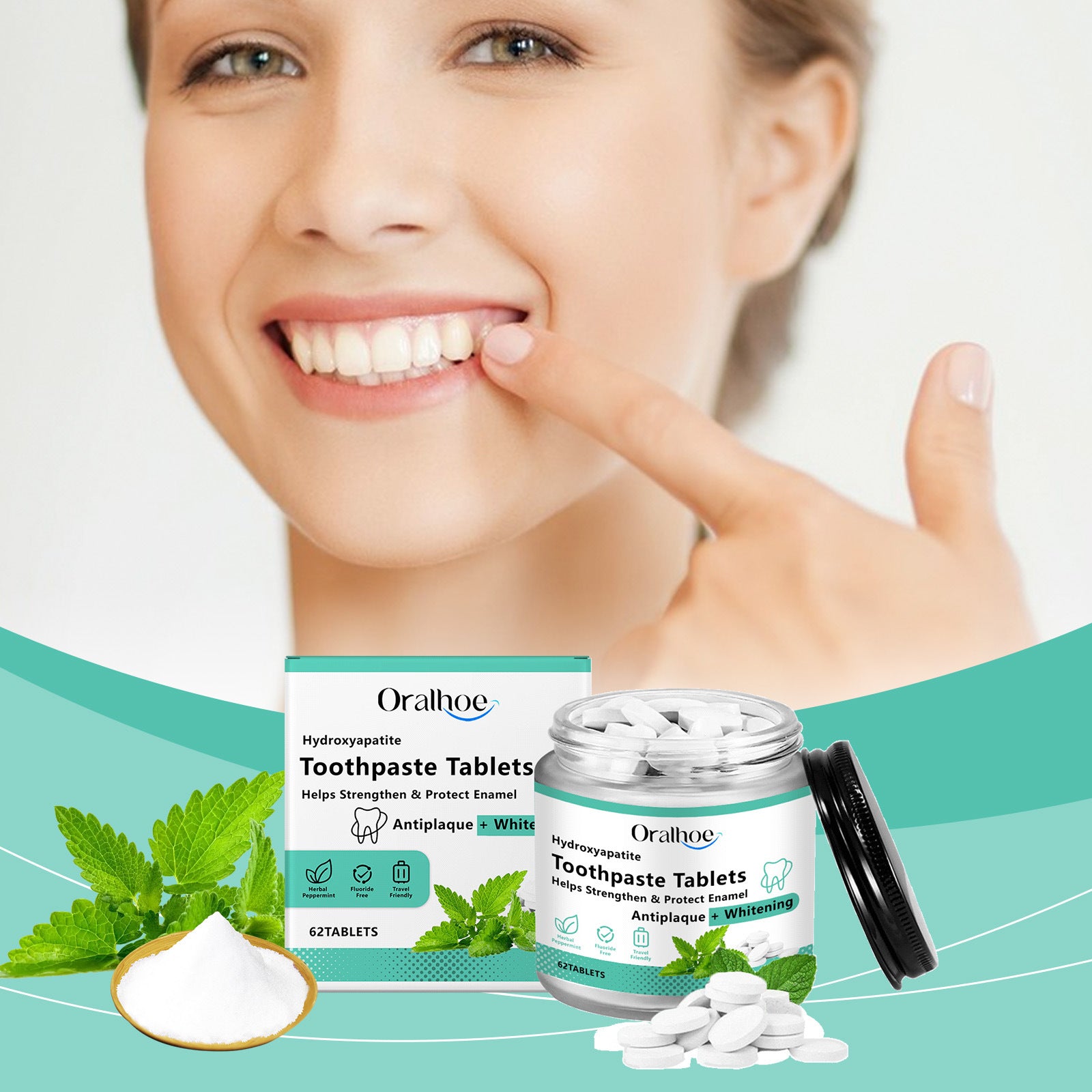 Oralhoo toothpaste tablets packaging with a woman showing her teeth on a light green background