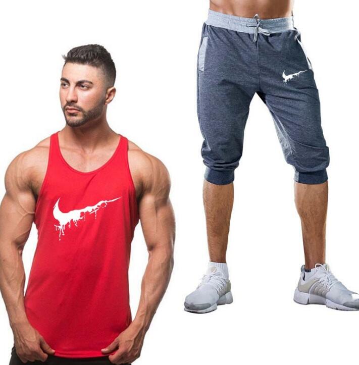 Men’s Cotton Fitness Vest & Shorts Set – Sleeveless Bodybuilding Tracksuit