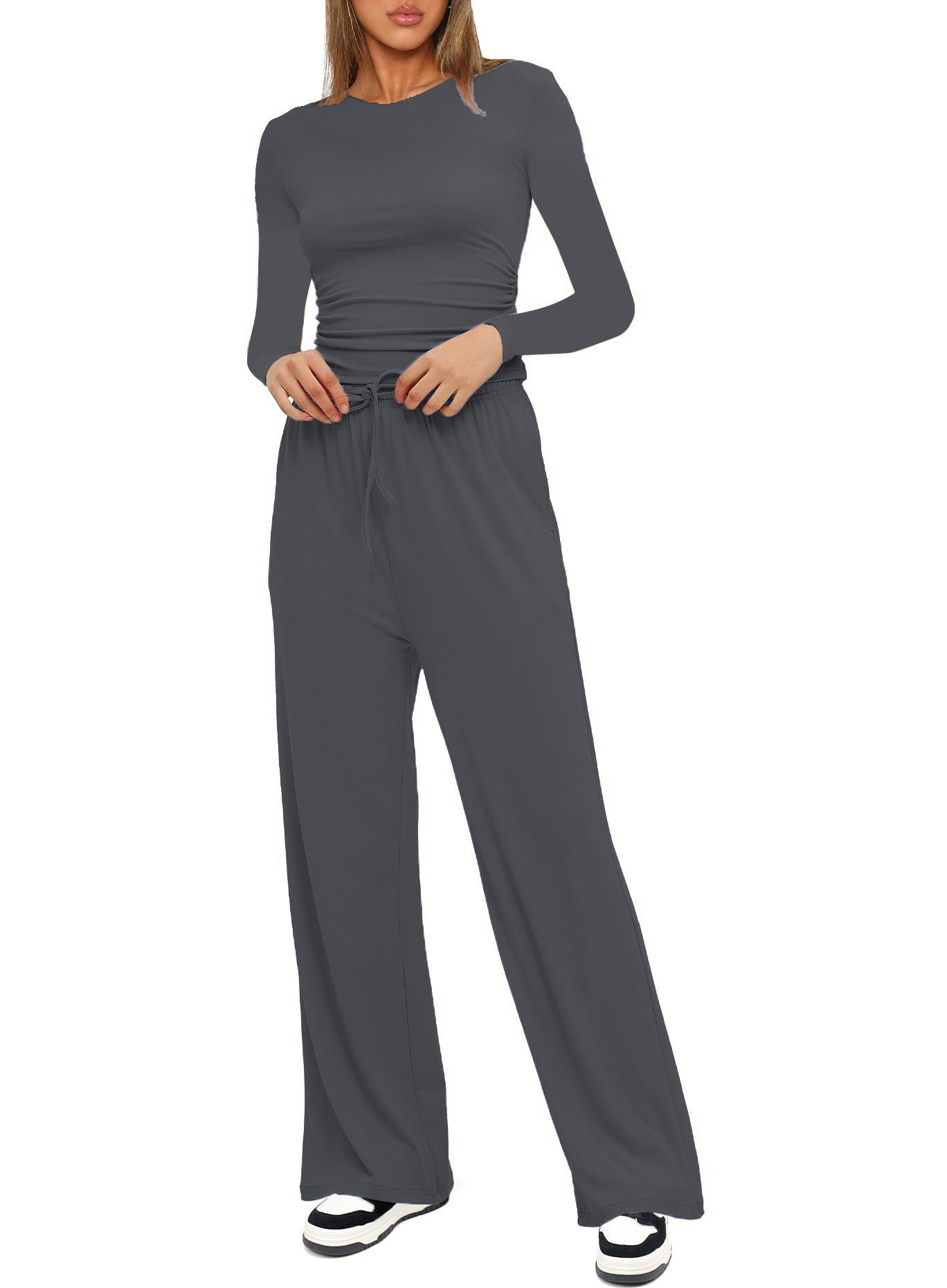 Women's Pleated Lounge Set – Long Sleeve Top & Wide Leg Pants