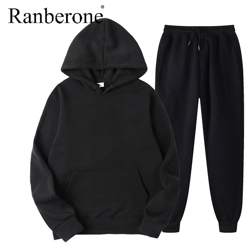 Ranberone 2Pcs Tracksuit Set – Hooded Sweatshirt & Jogger Pants, Unisex Sportswear