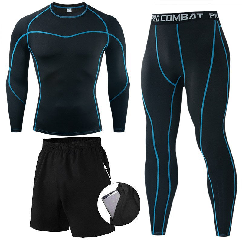 Men’s 3-Piece Compression Training Set – Long Sleeve Top, Shorts & Leggings
