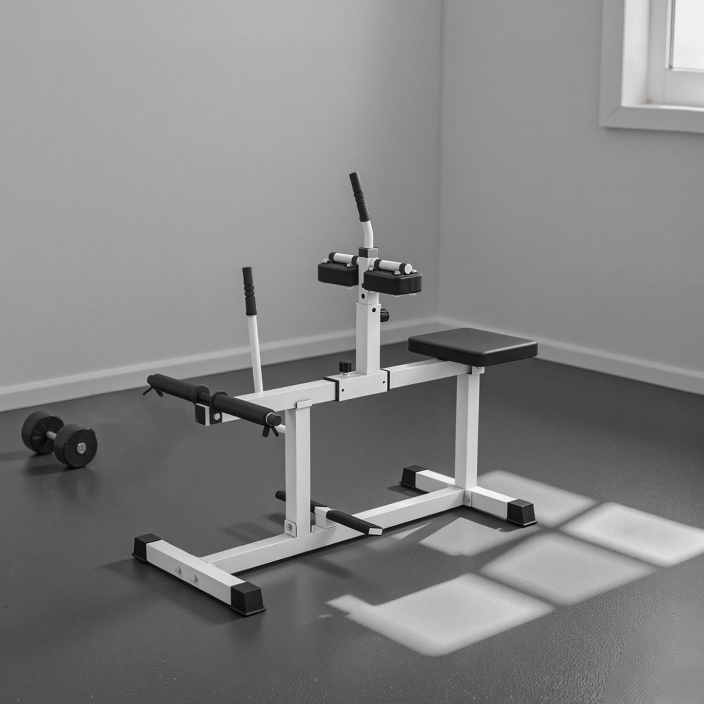 Gym bench with weight plates on a gray floor in a room.