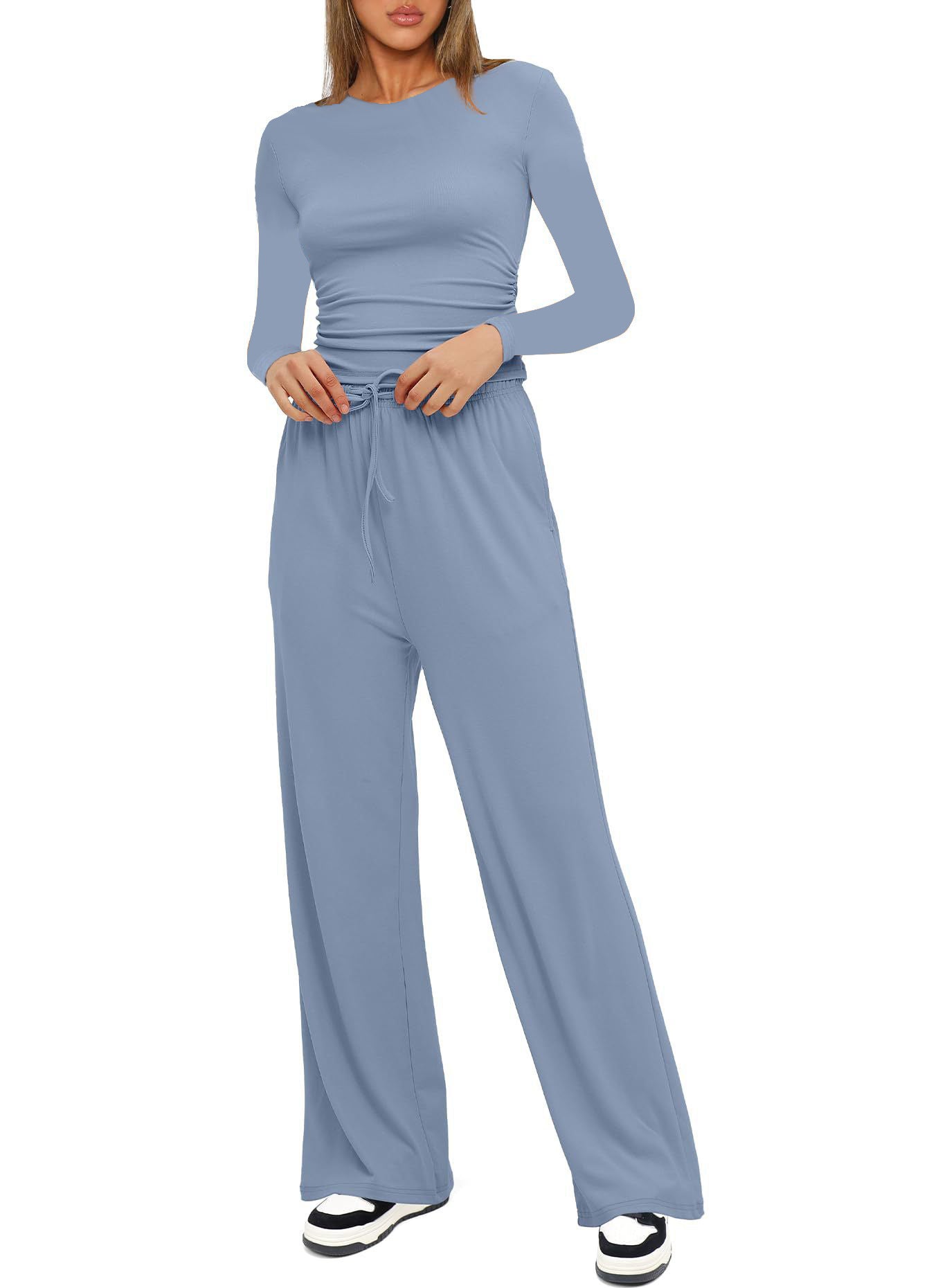 Women's Pleated Lounge Set – Long Sleeve Top & Wide Leg Pants