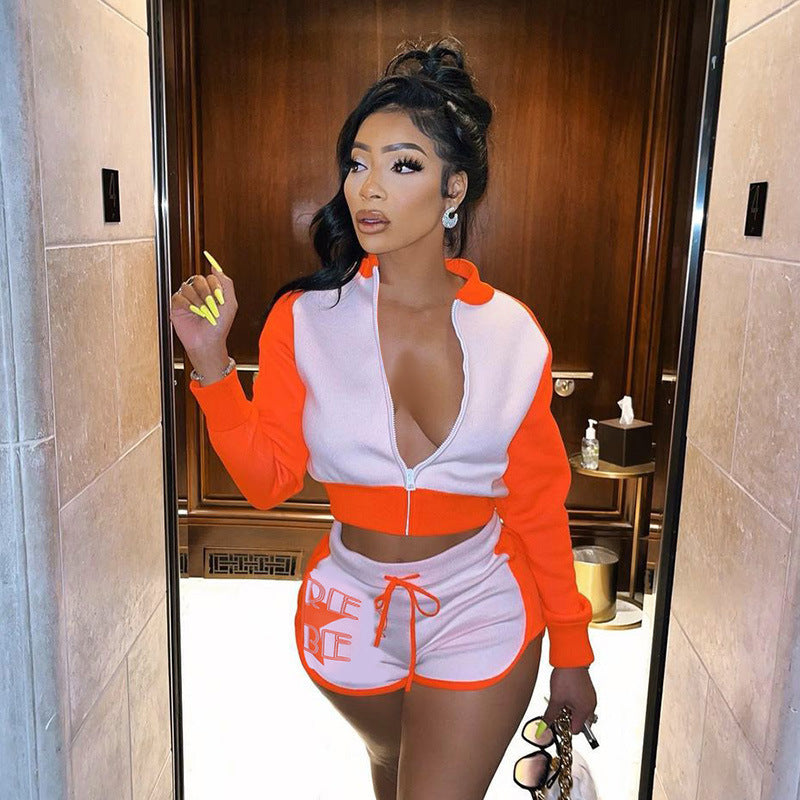 Women’s Printed Colorblock Athleisure Set – Long Sleeve Top & Shorts