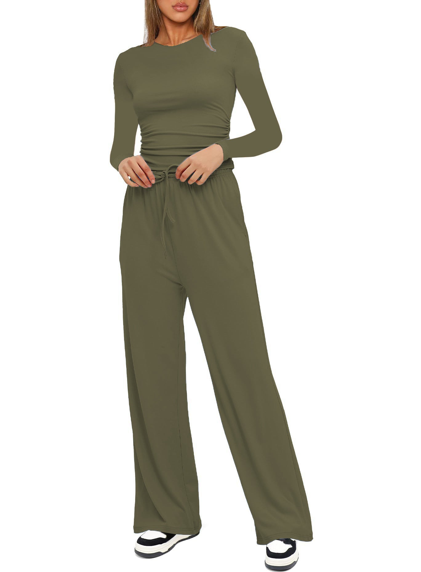 Women's Pleated Lounge Set – Long Sleeve Top & Wide Leg Pants