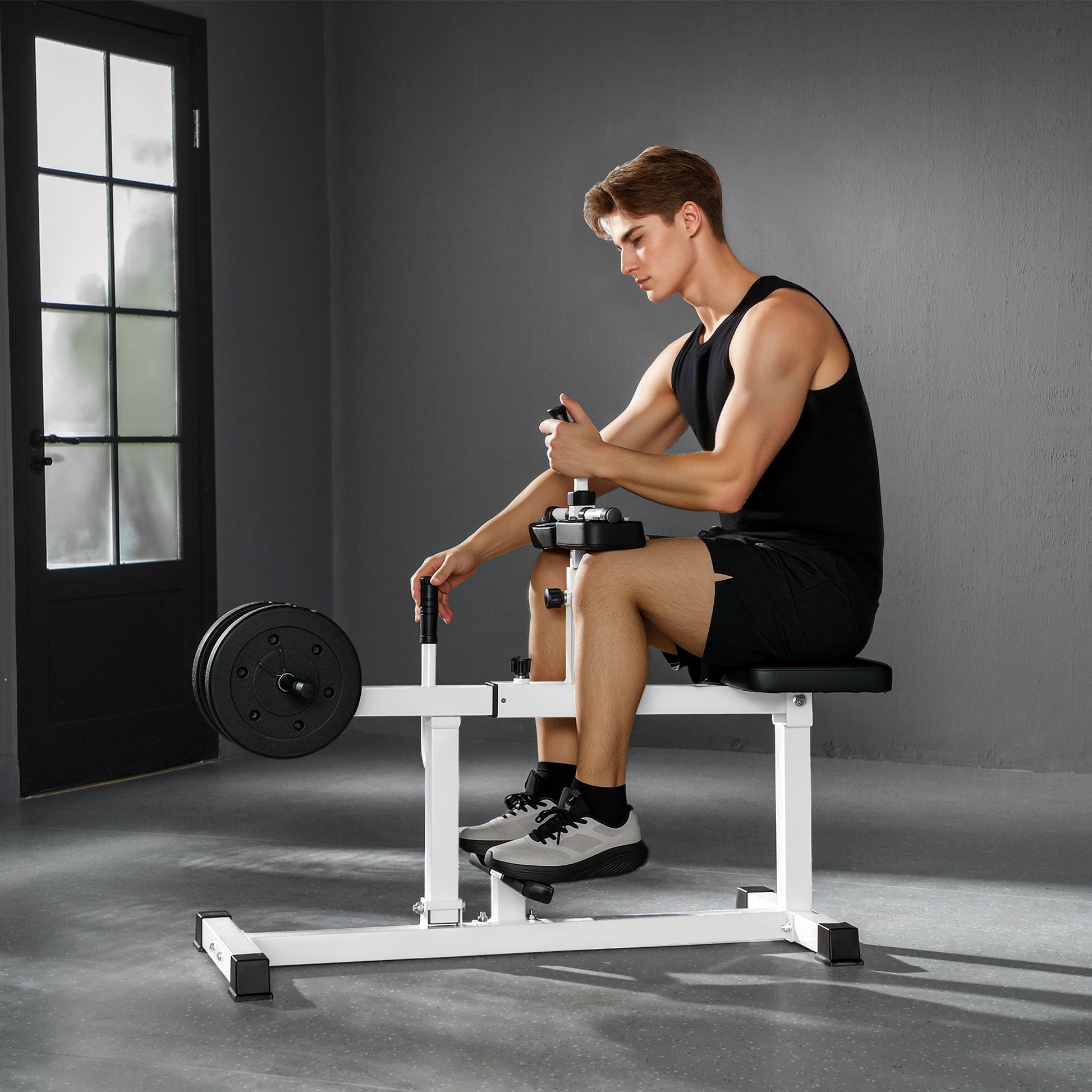 Man using a weight bench in a home gym setting