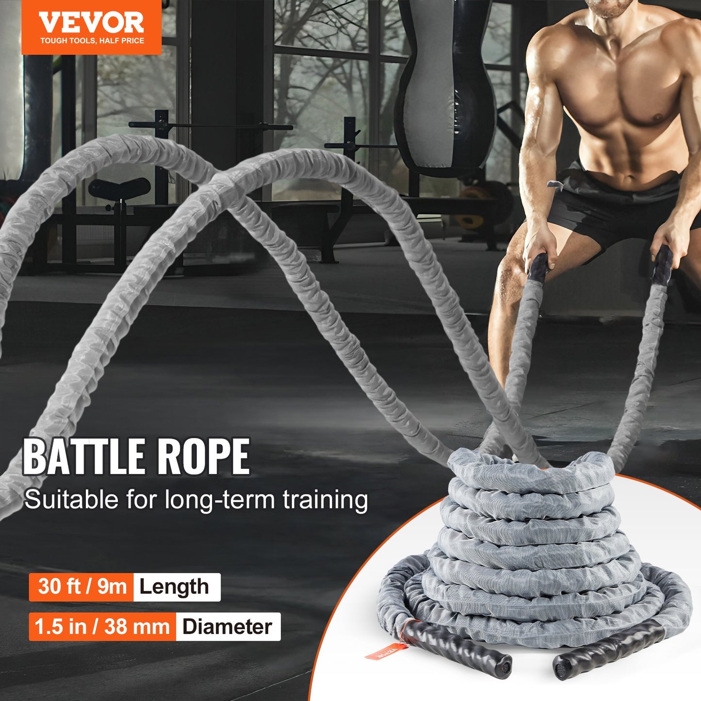 30ft Heavy-Duty Polyester Battle Rope with Anchor Kit – Gray