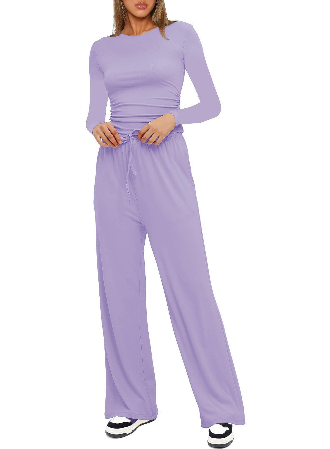 Women's Pleated Lounge Set – Long Sleeve Top & Wide Leg Pants