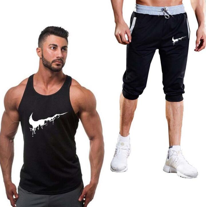 Men’s Cotton Fitness Vest & Shorts Set – Sleeveless Bodybuilding Tracksuit