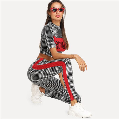 Women’s Mock Neck Crop Top Contrast Tape Pants – 2‑Piece Athleisure Set