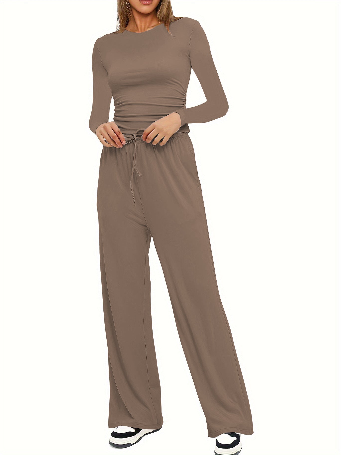 Women's Pleated Lounge Set – Long Sleeve Top & Wide Leg Pants