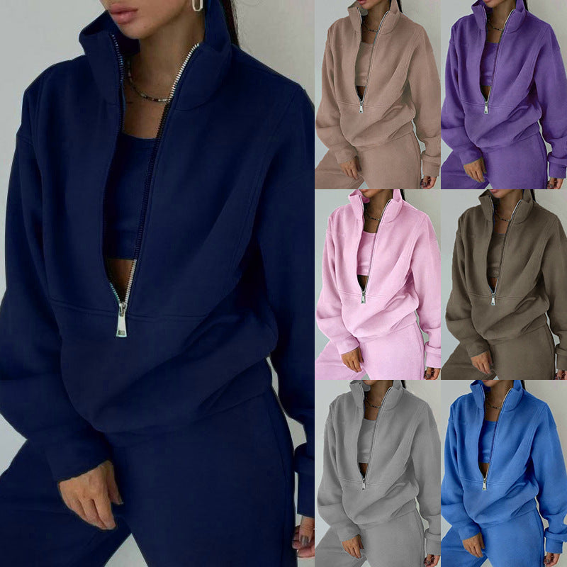 Women’s Two‑Piece Sweater Fleece Set – Long Sleeve Zipper Pant Suit