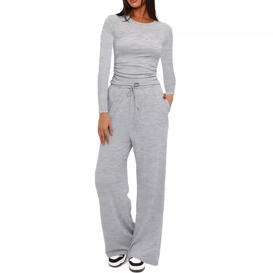Women's Pleated Lounge Set – Long Sleeve Top & Wide Leg Pants