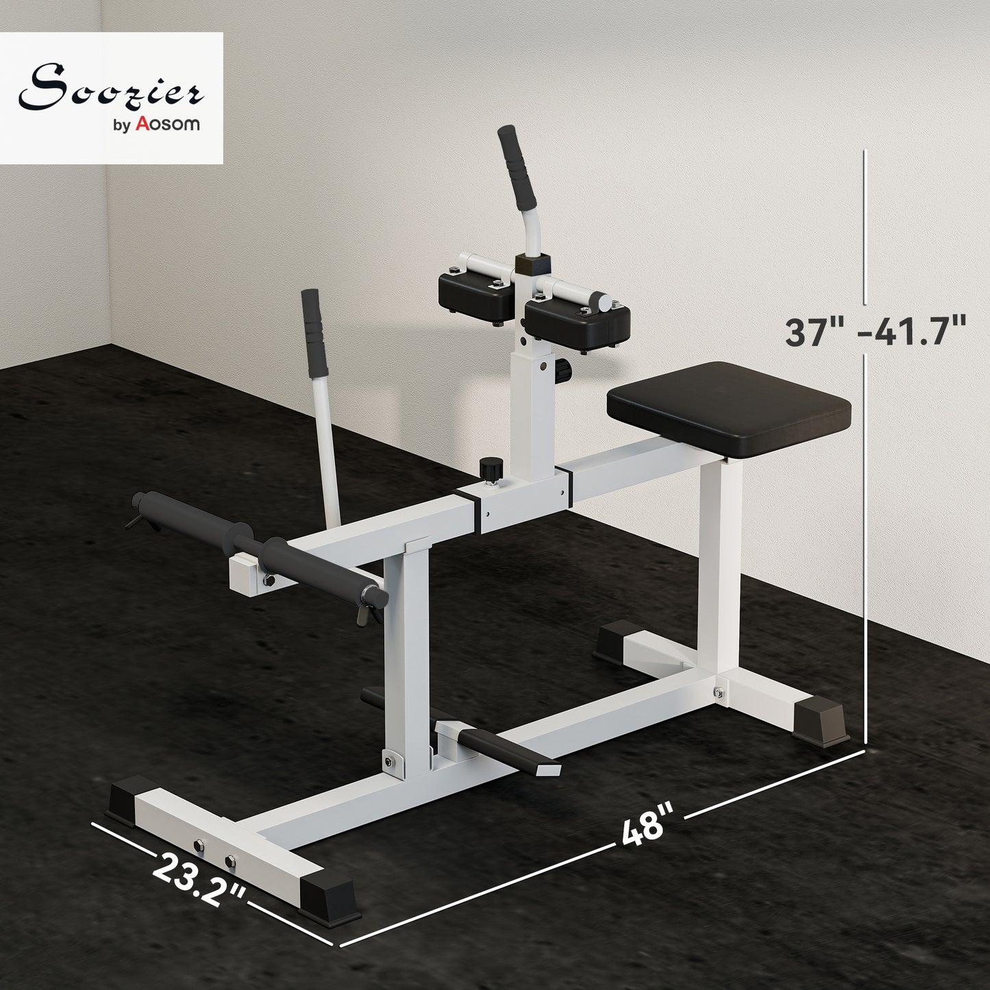 Gym bench with adjustable components on a dark floor, dimensions displayed.