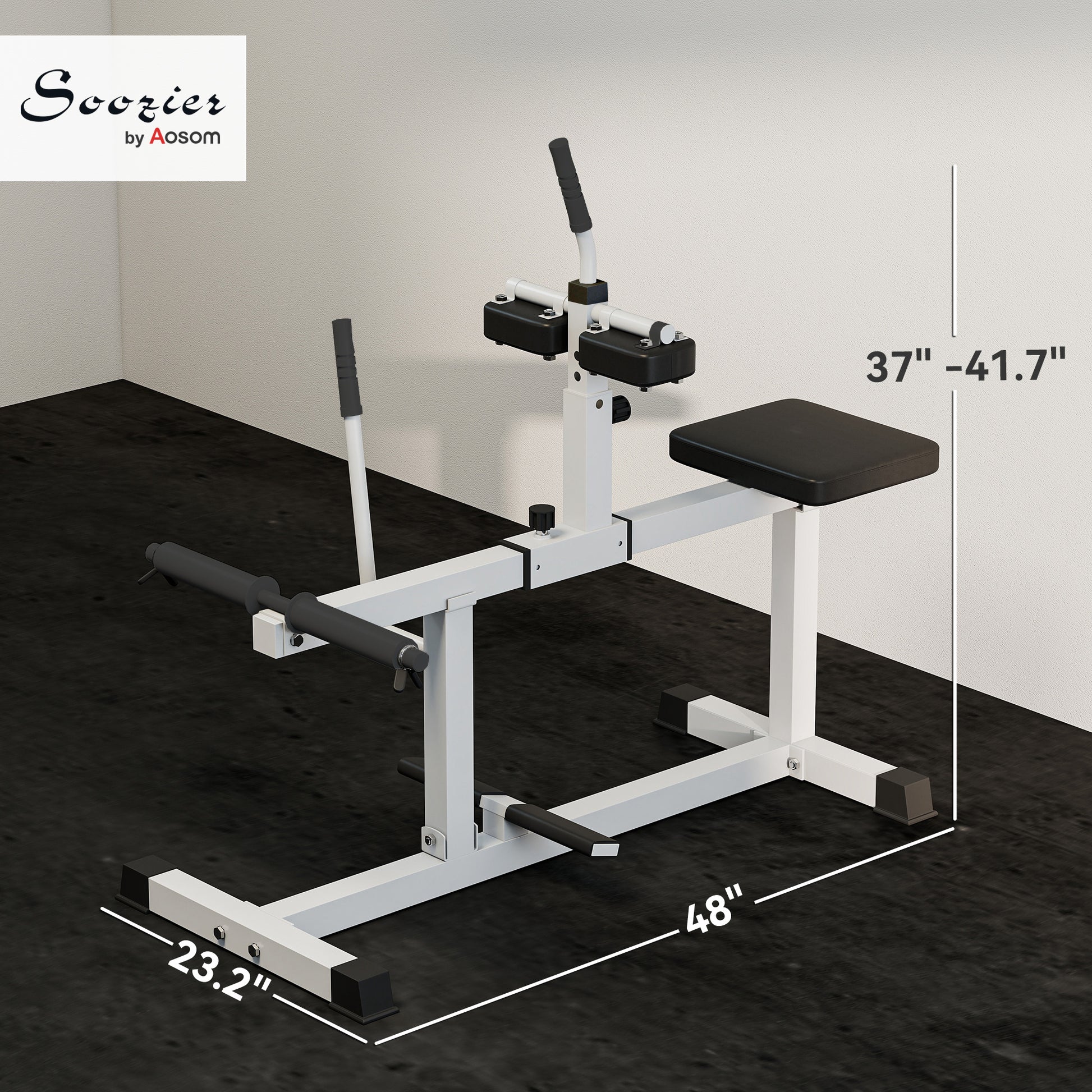 Gym bench with adjustable components on a dark floor, dimensions displayed.
