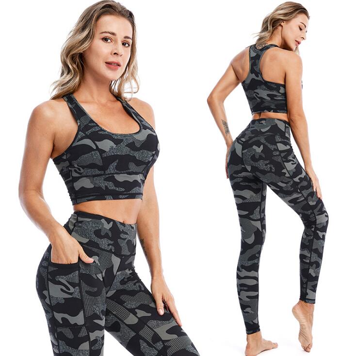Women’s Camouflage Sports Suit – Polyester Fitness Workout Set, Summer Activewear