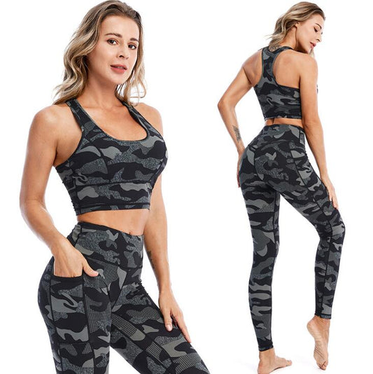 Women’s Camouflage Sports Suit – Polyester Fitness Workout Set, Summer Activewear