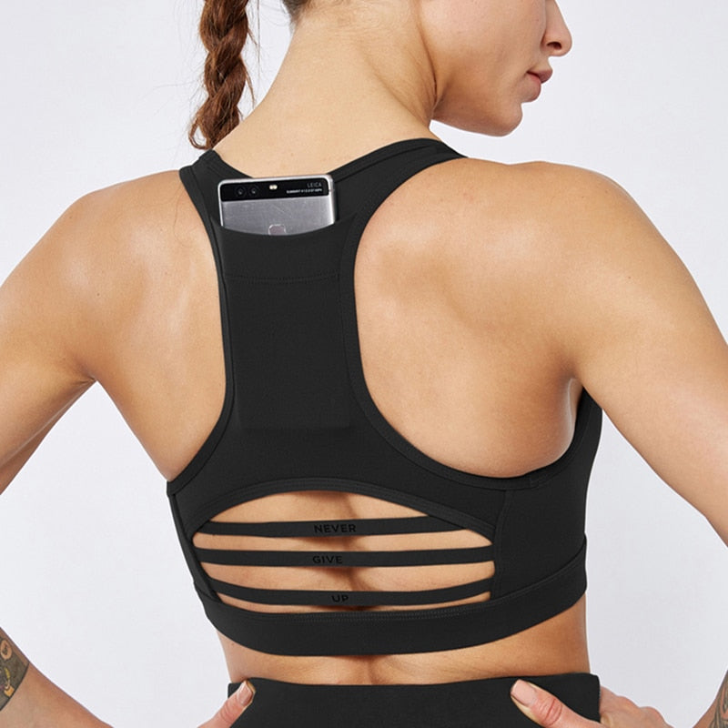 Women’s Seamless Sports Bra – Backless Mesh with Pocket