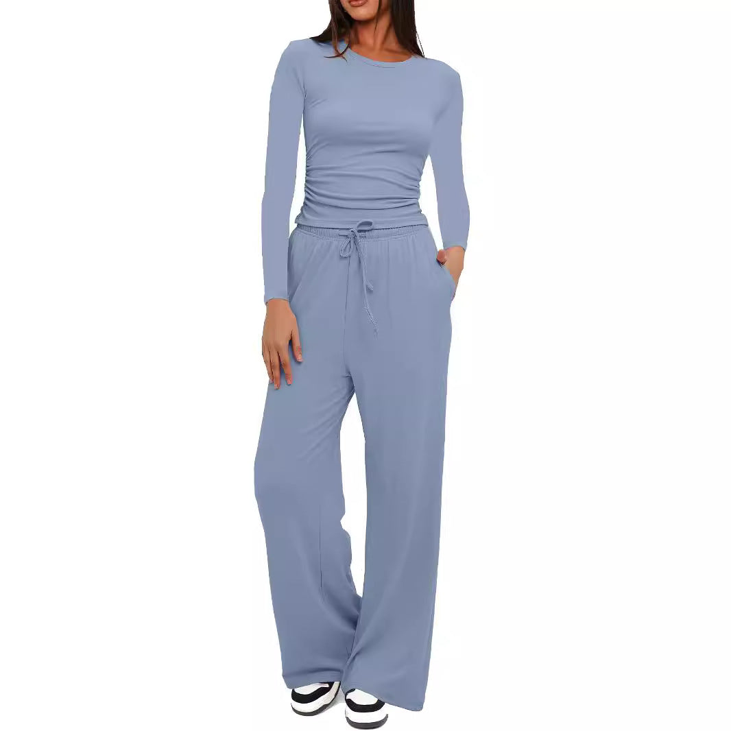 Women's Pleated Lounge Set – Long Sleeve Top & Wide Leg Pants