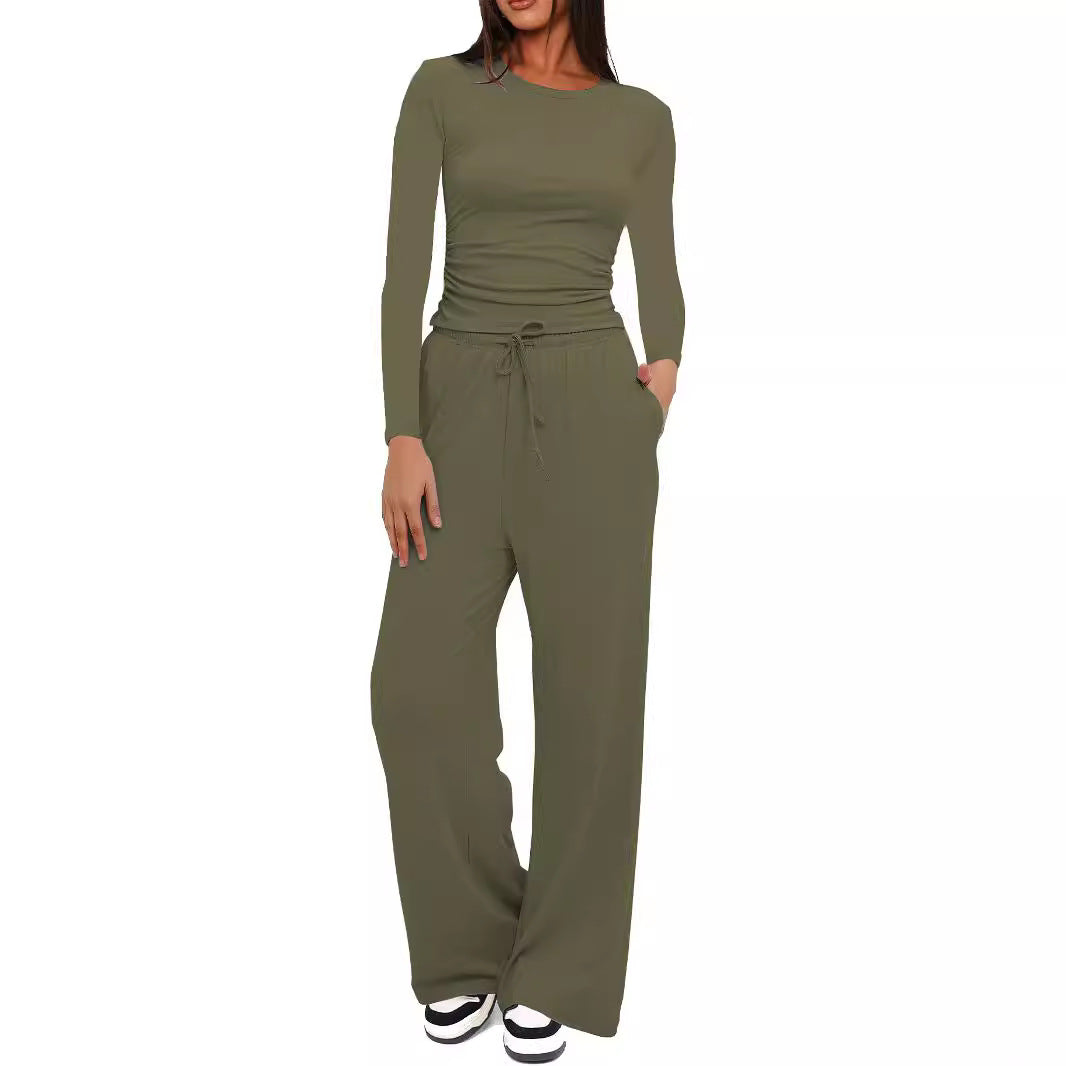 Women's Pleated Lounge Set – Long Sleeve Top & Wide Leg Pants