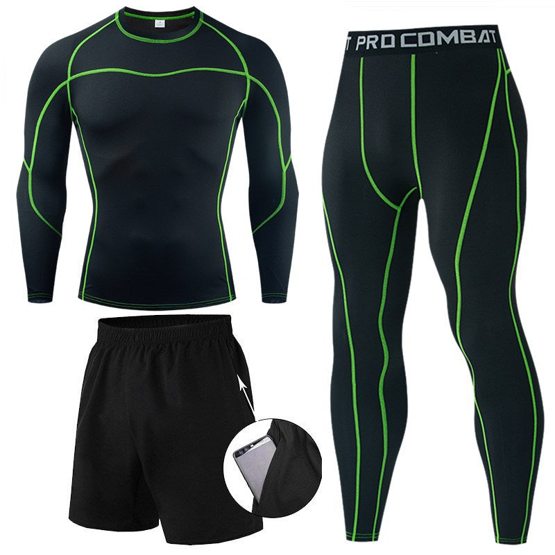 Men’s 3-Piece Compression Training Set – Long Sleeve Top, Shorts & Leggings