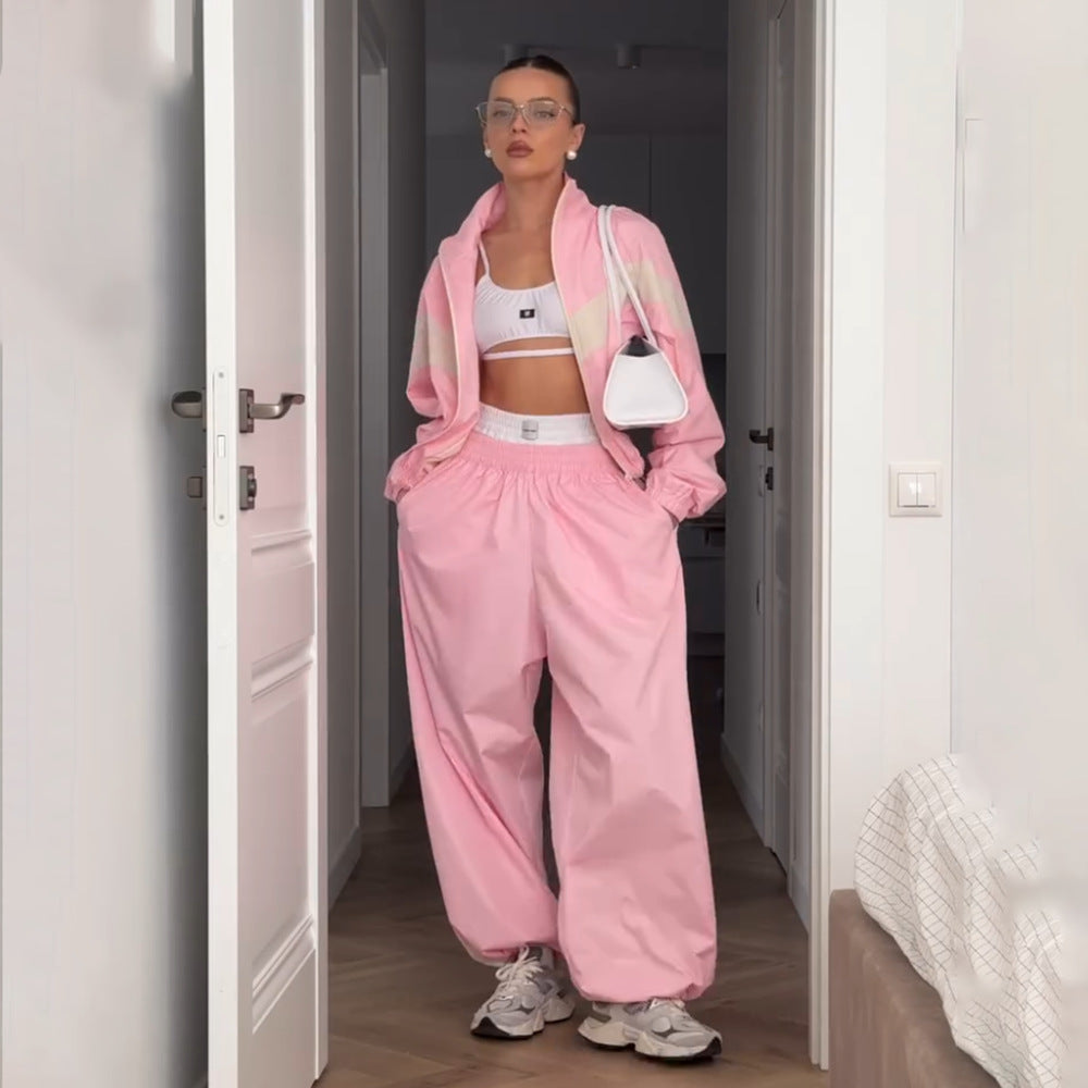 Women’s Athletic Set – Spring/Autumn Striped Tracksuit with Contrast Colors