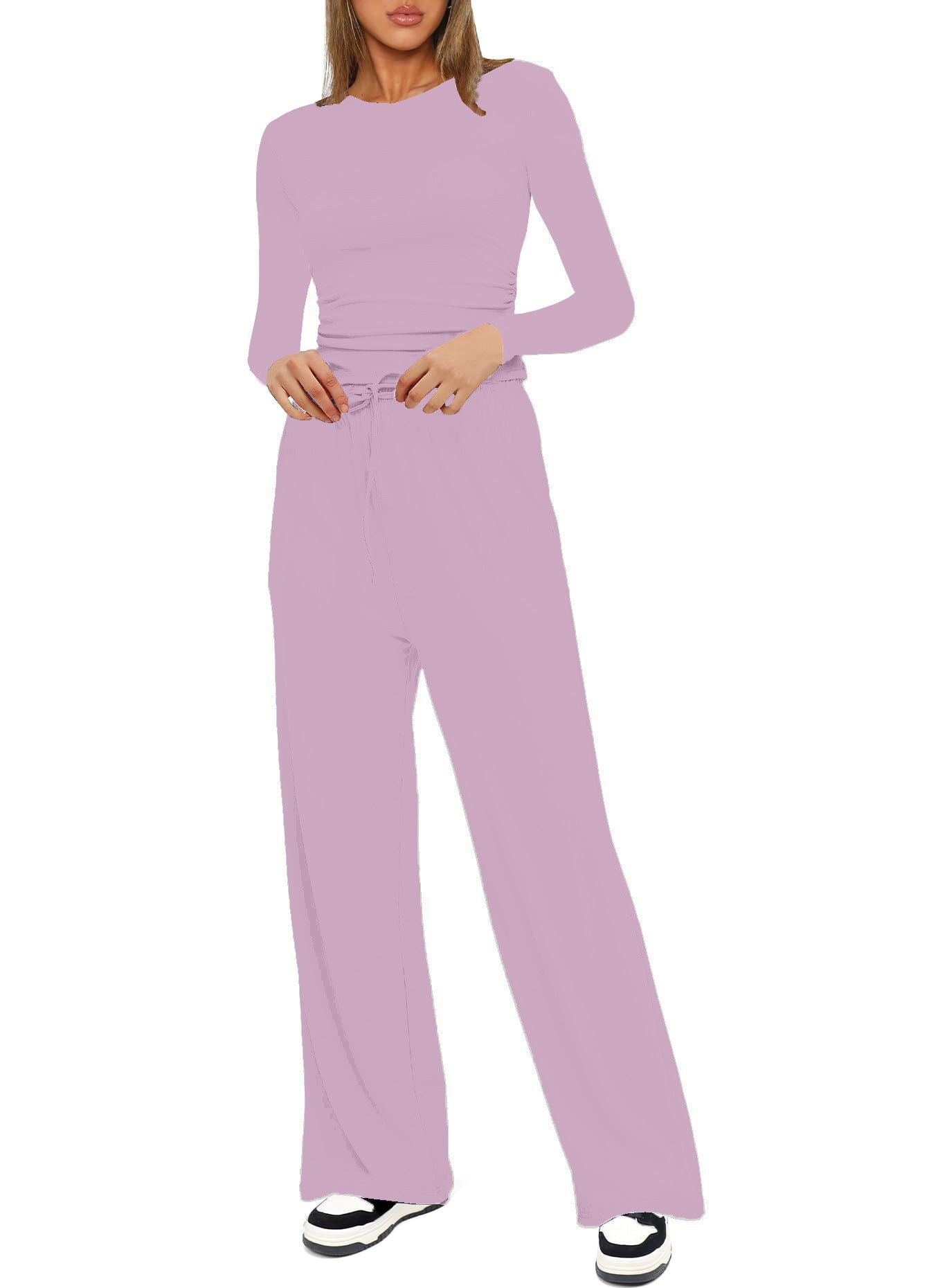Women's Pleated Lounge Set – Long Sleeve Top & Wide Leg Pants