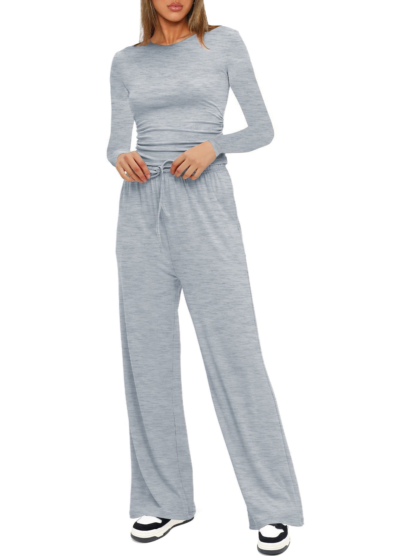 Women's Pleated Lounge Set – Long Sleeve Top & Wide Leg Pants