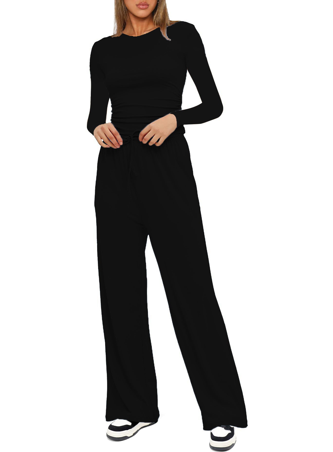 Women's Pleated Lounge Set – Long Sleeve Top & Wide Leg Pants