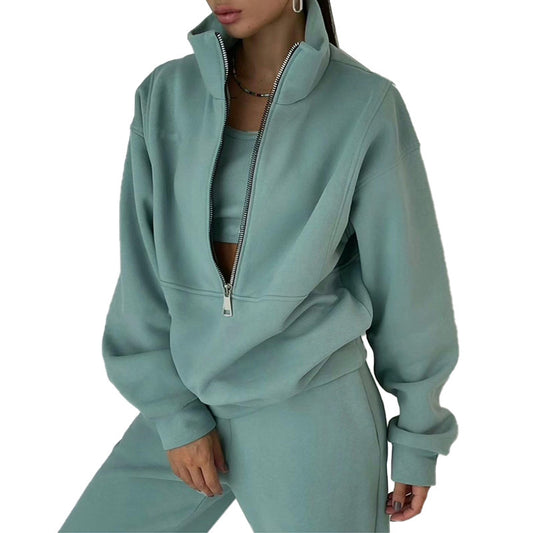 Women’s Two‑Piece Sweater Fleece Set – Long Sleeve Zipper Pant Suit