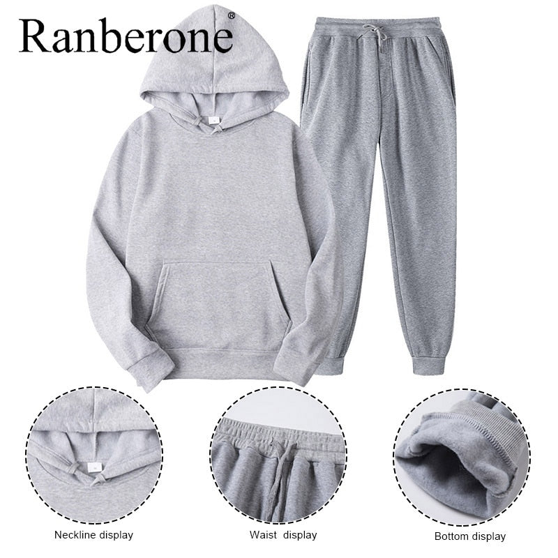 Ranberone 2Pcs Tracksuit Set – Hooded Sweatshirt & Jogger Pants, Unisex Sportswear