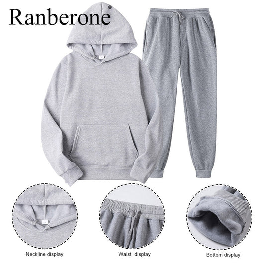 Ranberone 2Pcs Tracksuit Set – Hooded Sweatshirt & Jogger Pants, Unisex Sportswear