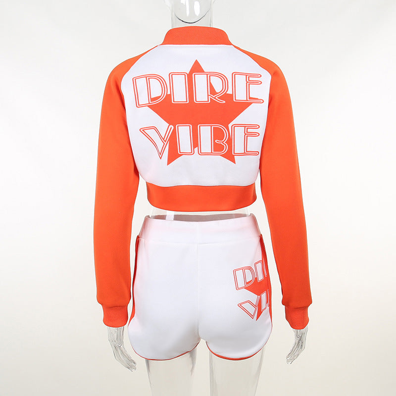 Women’s Printed Colorblock Athleisure Set – Long Sleeve Top & Shorts