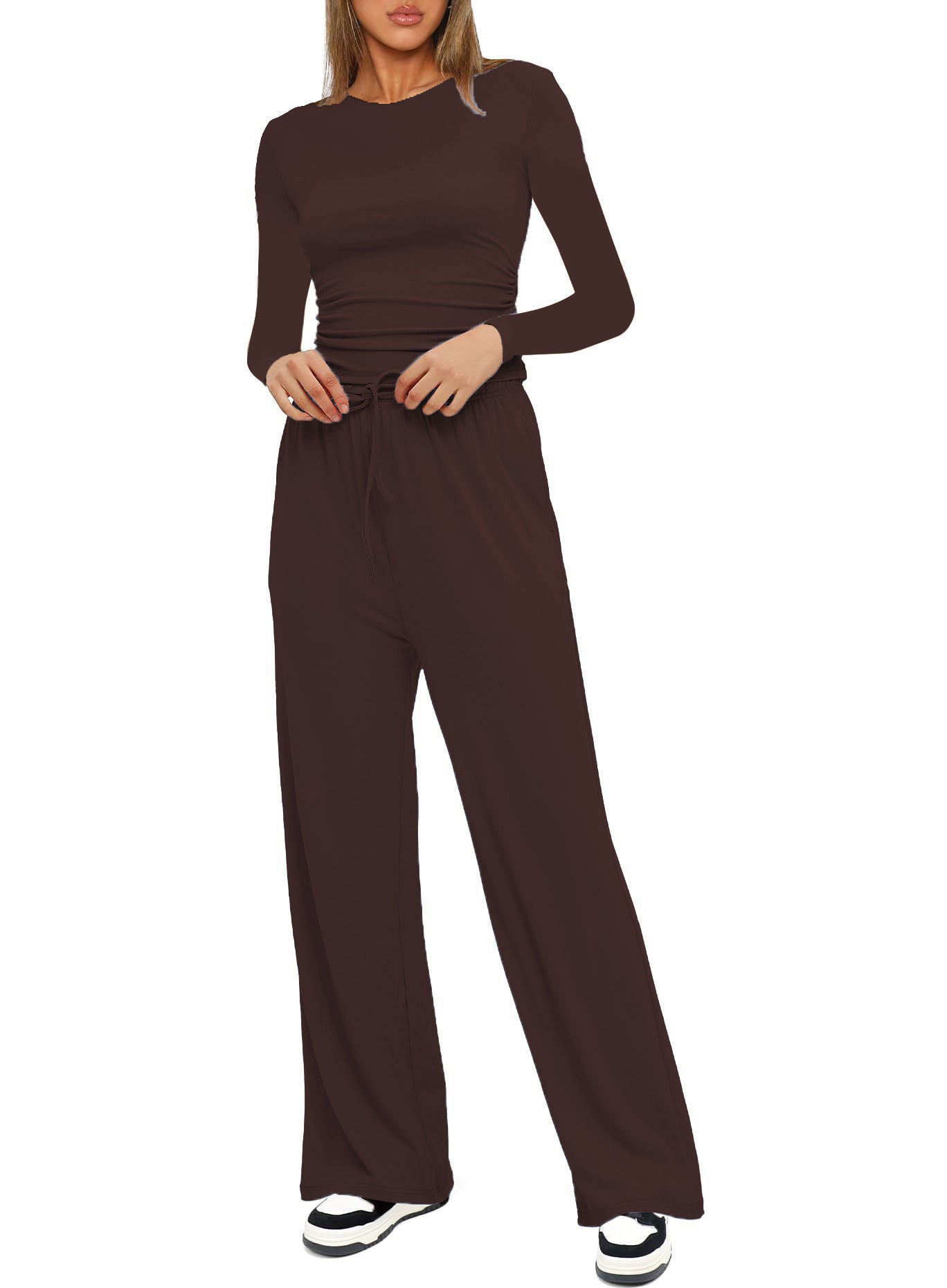 Women's Pleated Lounge Set – Long Sleeve Top & Wide Leg Pants