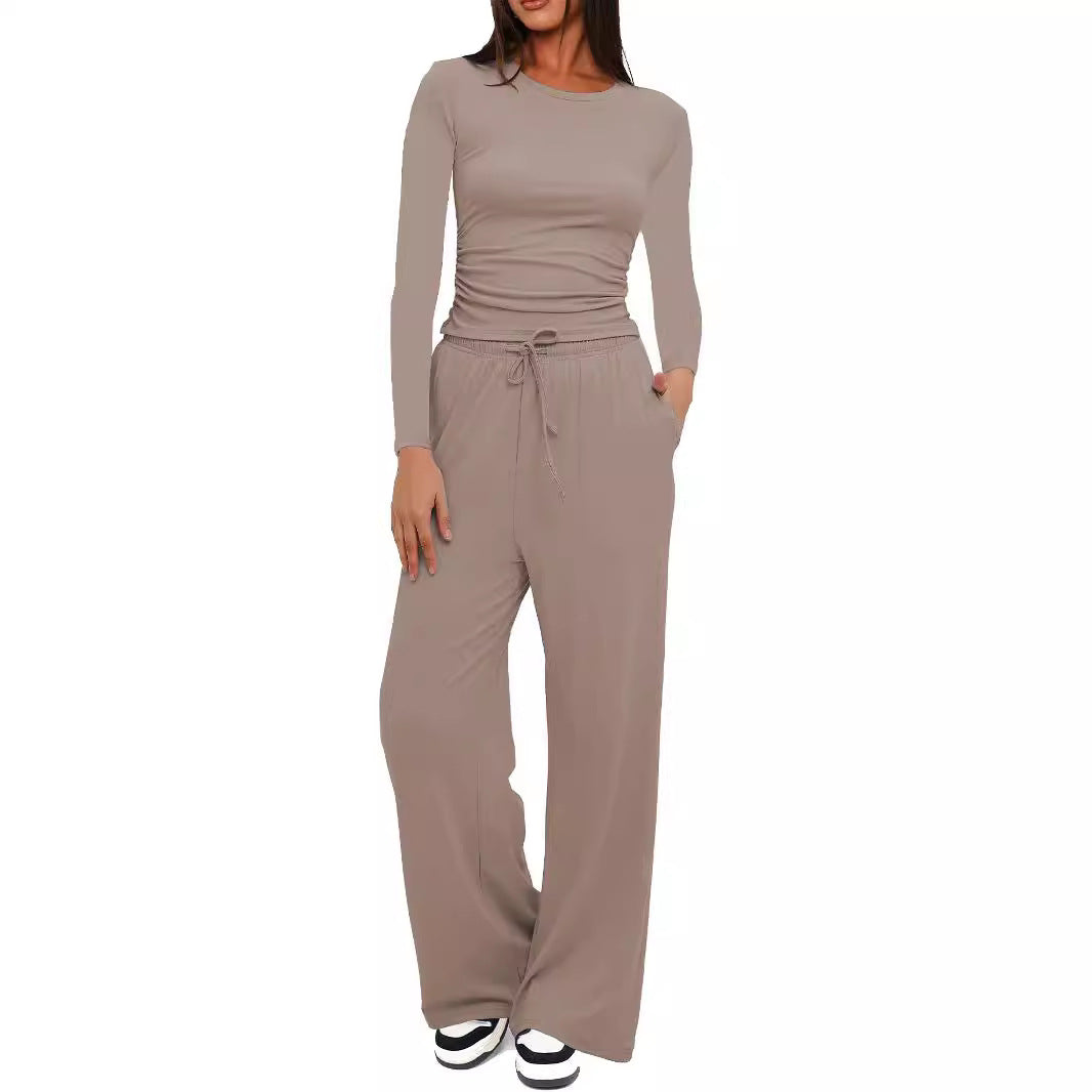 Women's Pleated Lounge Set – Long Sleeve Top & Wide Leg Pants