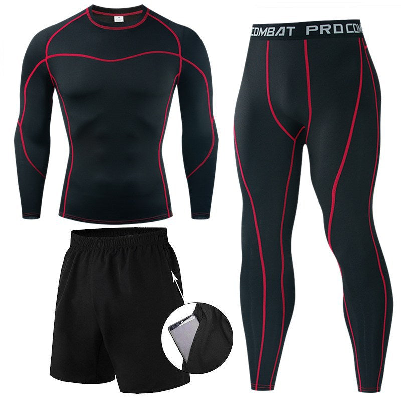 Men’s 3-Piece Compression Training Set – Long Sleeve Top, Shorts & Leggings