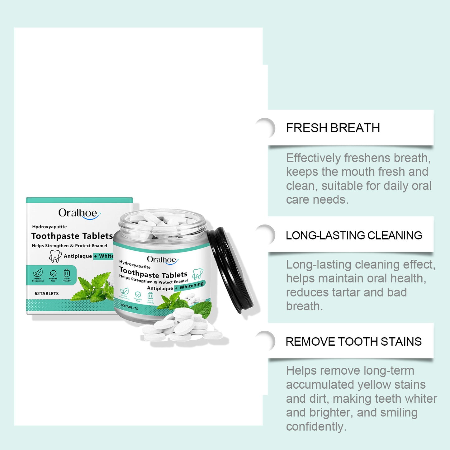 Oralhoe Mint Bright White Toothpaste Tablets – 62pcs Portable Oral Care