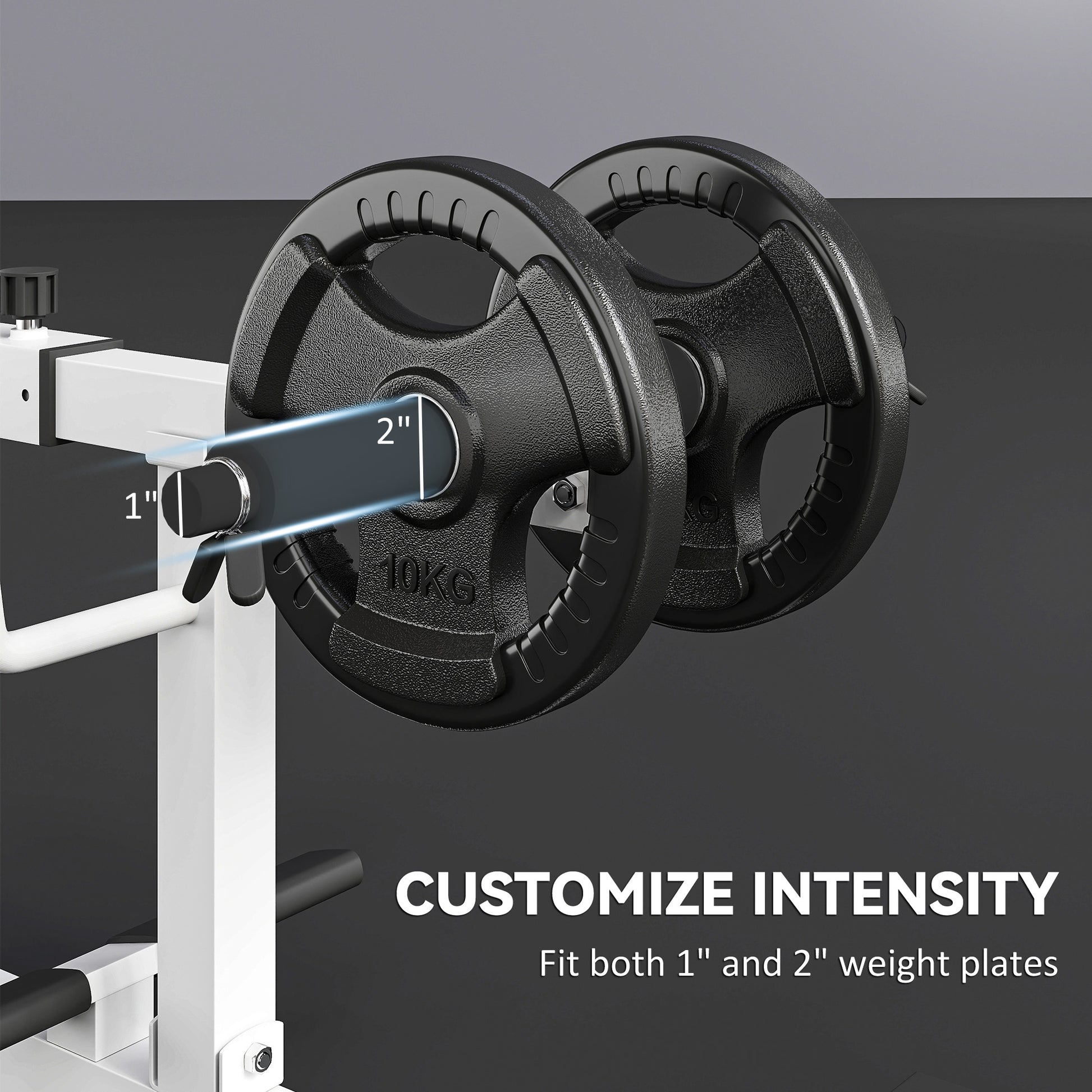 Weight plates with a weight rack on a gray background